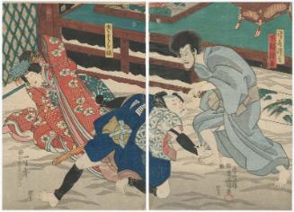 Actors Ichikawa Danjûrô VIII as Kiyomizu Seigen, Arashi Rikan III as Shimobe Yodohei (R), and Iwai Kumesaburô III as Sakura-hime (L)