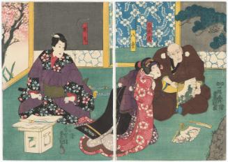 Actors Bandô Mitsugorô IV as Shiradayû, Fujikawa Kayû III as Yae (R), and Ichimura Uzaemon XII as Sakuramaru (L)