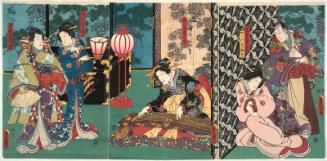 Actors Bandô Hikosaburô IV as Ashikaga Yoshimasa kô, Azuma Ichinojô I as Kashitsuki Sugibae (R), Onoe Kikujirô II as Besshitsu Fuji no kata (C), unidentified actor (Tatsunosuke?) as Koshimoto Kodemari, and Iwai Kumesaburô III as Ashikaga Jirô no kimi (L)