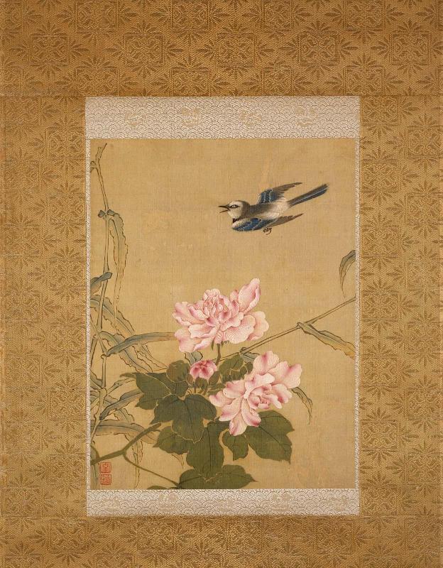 Bird flying above a peony plant and bamboo