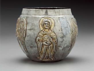 Spherical small container (pyxis) with representations of Christ, Virgin and two archangels