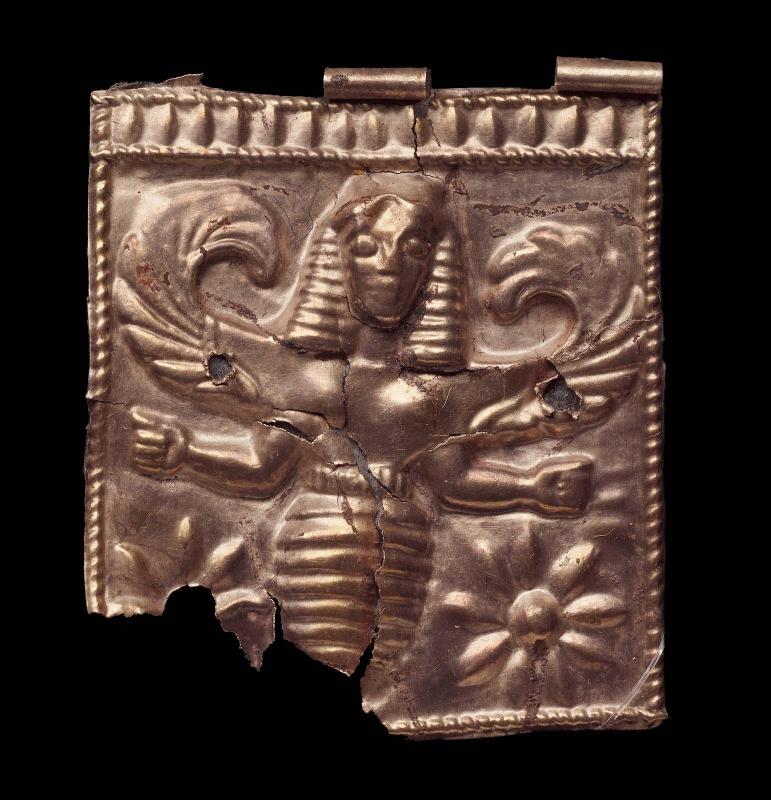 Repoussé plaque with a woman-bee hybrid