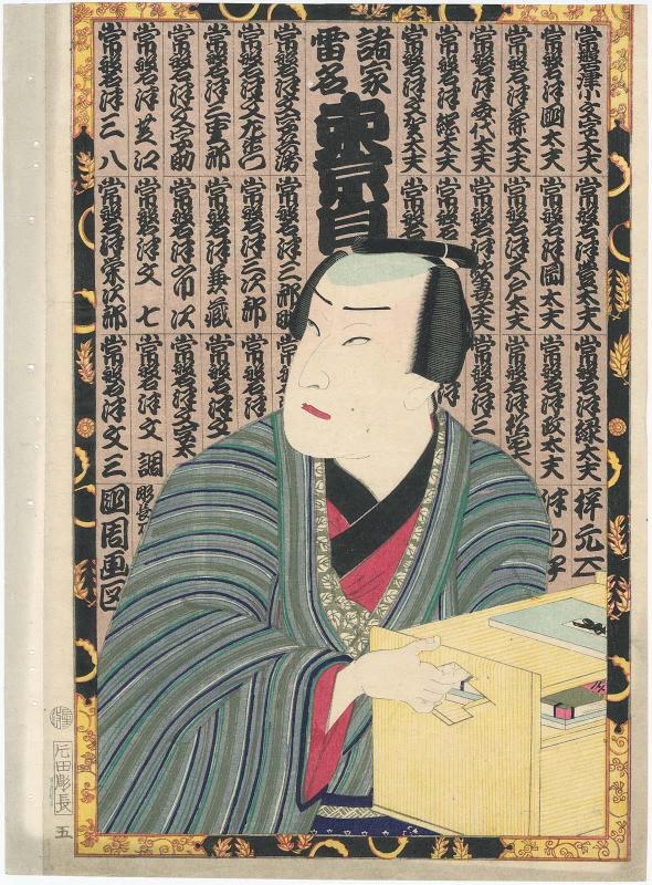 Actor Sawamura Tosshô II as a Tokiwazu Chanter, from the series Thundering Names, the Pride of Tokyo (Shoka raimei Tôkyô jiman)