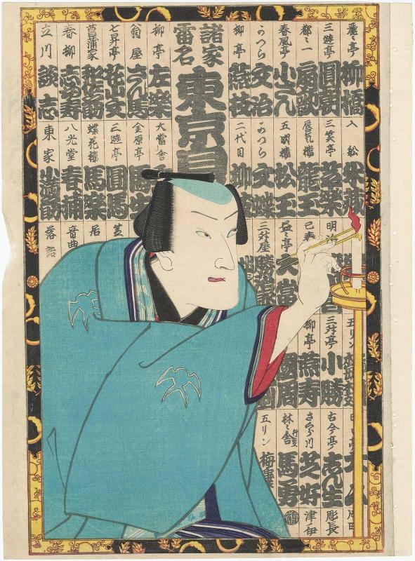 Actor Onoe Kikugorô V as a Rakugo (Comedy) Performer, from the series Thundering Names, the Pride of Tokyo (Shoka raimei Tôkyô jiman)