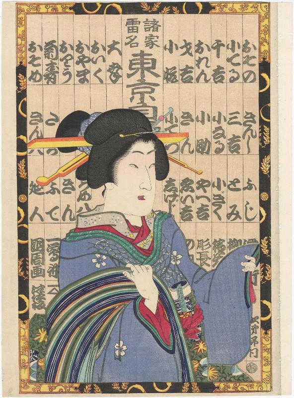 Actor Bandô Mitsugorô VI (?) as a Geisha, from the series Thundering Names, the Pride of Tokyo (Shoka raimei Tôkyô jiman)