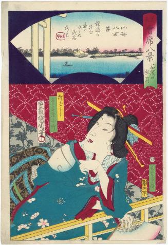 Autumn Moon at Ishihama (Ishihama no shûgetsu): The Yaozen Restaurant in San'ya and the Geisha Kotake of the Kanekoya in Yanagibashi, from the series Eight Views of Beauties and Restaurants (Mitate kaiseki hakkei)