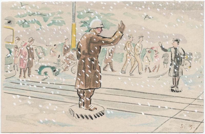 A Snowy Sight at Hibiya Junction in Tokyo (Tokyo Hibiya kôsaten no yuki) from the set Sketches of G.I. in New Japan (Amerika heitaisan to shin Nihon fukei)