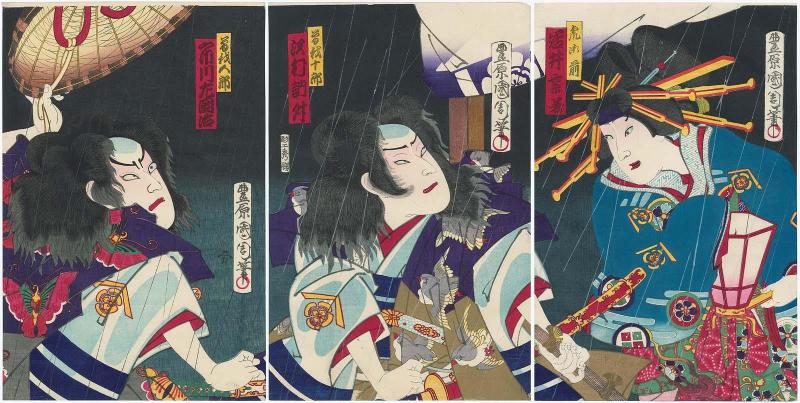 Actors Iwai Shijaku II as Tora Gozen (R), Sawamura Tosshô II as Soga no Jûrô (C), and Ichikawa Sadanji I as Soga no Gorô (L)