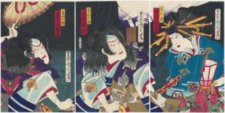 Actors Iwai Shijaku II as Tora Gozen (R), Sawamura Tosshô II as Soga no Jûrô (C), and Ichikawa Sadanji I as Soga no Gorô (L)