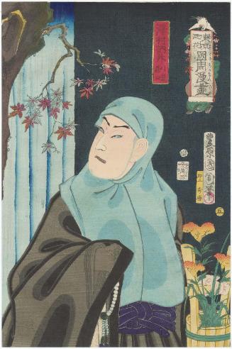 Actor Sawamura Tosshô II as Karukaya Dôshin, No. 5 from the series Flowers of Tokyo: Caricatures by Kunichika (Azuma no hana Kunichika manga)