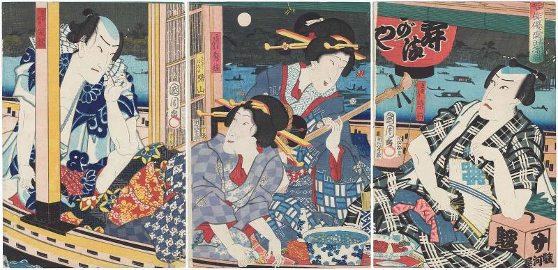 Young Actors Cooling Off on the Sumida River (Itamakuba [?] Suda no suzukaze): Shisen (Kawarazaki Gonjûrô I) as the Man-about-town (Tsûkyaku) Mimasu (L); Shûka (Bandô Mitsugorô VI) as Mitsu of Katsumi and Shôzan (Sawamura Tanosuke III) as Otano of Kangiku (C); and Kakitsu (Ichimura Kakitsu IV) as Tatebana no Ichi (L)