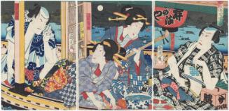 Young Actors Cooling Off on the Sumida River (Itamakuba [?] Suda no suzukaze): Shisen (Kawarazaki Gonjûrô I) as the Man-about-town (Tsûkyaku) Mimasu (L); Shûka (Bandô Mitsugorô VI) as Mitsu of Katsumi and Shôzan (Sawamura Tanosuke III) as Otano of Kangiku (C); and Kakitsu (Ichimura Kakitsu IV) as Tatebana no Ichi (L)