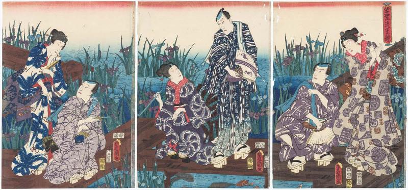 Popularity Contest of Young Lavender Plants (Wakamurasaki ryûkô kurabe): Actors Iwai Kumesaburô III and Nakamura Fukusuke I (R); Nakamura Danjûrô VIII and Onoe Kikujirô II (C); and Bandô Takesaburô I and Bandô Shûka I (L)