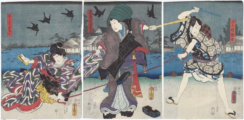Actors Arashi Kichisaburô III as Shioirimura Sôta (R), Suketakaya Takasuke III as Komusô Katada Rakuga (C), and Iwai Kumesaburô III as Koshimoto Okiku (L)
