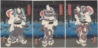 Actors Bandô Shûka I as Konjin Chôgorô (R), Ichikawa Danjûrô VIII as Honchô Tsunagorô (CR), Iwai Kumesaburô III as Hanaregoma no Chôkichi (C), Bandô Takesaburô I as Maboroshi Takeemon (CL), and Arashi Rikan III as Kanoko Kanbei (L)