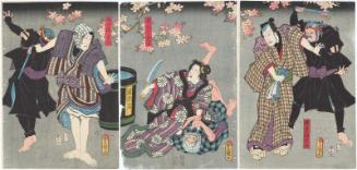 Actors Ichikawa Kodanji IV as Kannon Kozô Kyûji (R), Onoe Baikô IV as Yokogushi Otomi (C), and Ichikawa Danjûrô VIII as Mukôkizu Yosa (L)