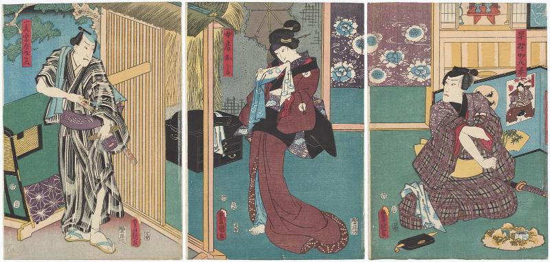 Actors Ichikawa Danjûrô VIII as Hayano Kanpei (R), Onoe Baikô IV as His Wife (Nyôbô) Okaru (C), and Arashi Kichisaburô III as Ichimonjiya Saibei (L)