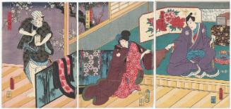 Actors Ichikawa Danjûrô VIII as Yodoya Hatsugorô (R), Onoe Baikô IV as Gejo Omatsu, actually Yodomachi Hime (C), and Arashi Kichisaburô III as Tsukushi no Gonroku (L)