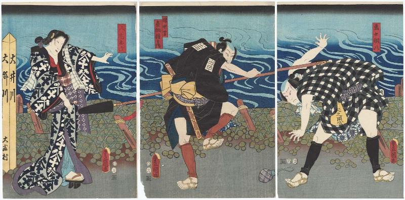 Actors Arashi Rikan III as the Packhorse Driver (Mago) Dôhachi (R), Ichikawa Kodanji IV as the Traveller (Tabi chûgen) Naosuke Gonbei (C), and Bandô Shûka I as Hitomaru Oroku (L)