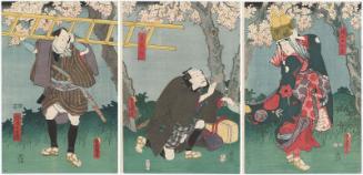 Actors Onoe Kikugorô II as Shizunome Okiku (R), Nakamura Tsuruzô I as Kitahachi (C), and Bandô Hikosaburô IV as Yajirobei (L)
