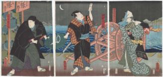 Actors Nakamura Daikichi III as Tokubei's Wife (Nyôbô) Ofusa (R), Arashi Rikan III as Nakano Shôzaburô (C), and Kataoka Gadô II as Hanaya Tokubei (L)