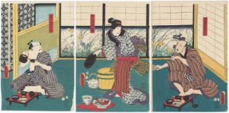 Actors Bandô Hikosaburô IV as Tochimen'ya Yajirobei (R), Nakamura Kamenojô I as Tarafukuya's Daughter (Musume) Okame (C), and Nakamura Tsuruzô I as Kitari Kitahachi (L)