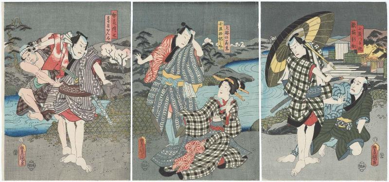 Actors Nakamura Tsuruzô I as Chitose Tsurusaku, Kataoka Gadô II as Samezaya Shinsuke (R), Iwai Kumesaburô III as Kanbayashi no Hanatsuma, Sawamura Tosshô II as Kodanna Kinosuke (C), Nakamura Fukusuke I as Hatsuhana Denshichi, and an unidentified actor as Aogu Kanta (L)