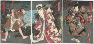 Actors Kataoka Gadô II as Shimizu Kanja Yoshitaka (R), Iwai Kumesaburô III as Tokimasa's Daughter (Sokujo) Tatsu-hime (C), and Nakamura Tsuruzô I as Tochibô Hôin (L)