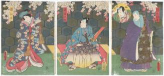 Actors Ichikawa Kodanji IV as Kiyomizu Seigen, Ichikawa Yonejûrô II as the Footman (Yakko) Yodohei (inset) (R), Kawarazaki Gonjûrô I as Tonoinosuke (C), and Onoe Kikugorô IV as Sakura-hime (L)