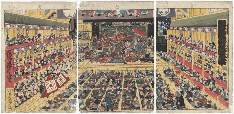 Superb Edo Pictures Illustrating Dances (Odori keiyô Edo-e no sakae): Interior of an Imaginary Theater with a Performance of Shibaraku
