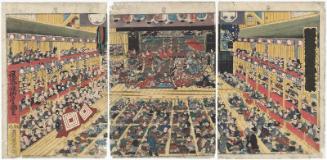 Superb Edo Pictures Illustrating Dances (Odori keiyô Edo-e no sakae): Interior of an Imaginary Theater with a Performance of Shibaraku