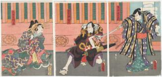 Actors Seki Sanjûrô III as Torii Shinzaemon (R), Ichikawa Kodanji IV as Kurotegumi no Sukeroku (C), and Onoe Kikugorô IV as Miuraya Agemaki (L)