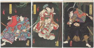 Actors Ichikawa Ebizô V as the Bandit (Tôzoku) Akaboshi Tarô (R), Onoe Kikugorô IV as Usugumo-hime (C), and Kawarazaki Gonjûrô I as Katsura Chûnagon Mitsunari (L)
