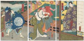 Actors Onoe Kikugorô IV as Kan Shôjô (R), Bandô Hikosaburô V as Sukune Tarô, Ichikawa Kodanji IV as Kakujuni (C), and Kawarazaki Gonjûrô I as Hangandai Terukuni (L)