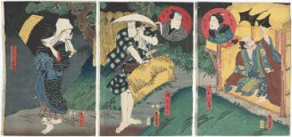 Actors Onoe Kikugorô IV as Kôhachi's Wife (Nyôbô) Oshige (inset), Ichikawa Kodanji IV as Shôjiki Seibei (R), Bandô Kamezô I as Kôhachi Yamaban (inset), Asao Yoroku II as Sakaya Kyûshichi (C), and Ichikawa Kodanji IV as Kyûshichi's Wife Otaki (L)