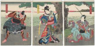 Actors Bandô Hikosaburô V as Urashima Tarosaku (R), Onoe Kikugorô IV as Onnadate Ikazuchi Otsuru (C), and Kawarazaki Gonjûrô I as Araiso no Namizô (L)