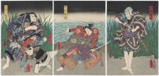Actors Seki Sanjûrô III as Yamabayashi Fusahachi (R), Iwai Kumesaburô III as Inusaka Keno (C), unidentified actor as Fisherman (Ryôshi) Kansaku, and Nakamura Fukusuke I as Inuta Kobungo (L)
