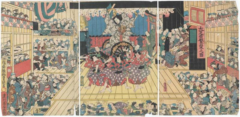 Flourishing Business at a Major Theater (Ôshibai han'ei no zu): Actors Kawarazaki Gonjûrô I as Umeômaru, Ichikawa Kodanji IV as Tokihira, Nakamura Fukusuke I as Matsuômaru, and Iwai Kumesaburô III as Sakuramaru