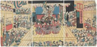 Flourishing Business at a Major Theater (Ôshibai han'ei no zu): Actors Kawarazaki Gonjûrô I as Umeômaru, Ichikawa Kodanji IV as Tokihira, Nakamura Fukusuke I as Matsuômaru, and Iwai Kumesaburô III as Sakuramaru