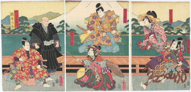 Actors Onoe Waichi II as Nenoi no Koyata, Bandô Tamasaburô II as Keisei Ôsakayama (R), Ichikawa Ichizô III as Kiso Yoshinaka, Ichikawa Shinsha I as Shinzô Utsushie (C), Ichikawa Danzô VI as Norikiyo Nyûdô Saigyô, and Ichikawa Kuzô III as Ino Rokurô (L)