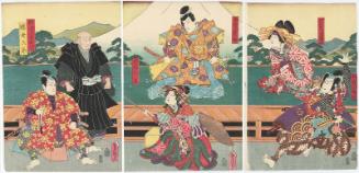 Actors Onoe Waichi II as Nenoi no Koyata, Bandô Tamasaburô II as Keisei Ôsakayama (R), Ichikawa Ichizô III as Kiso Yoshinaka, Ichikawa Shinsha I as Shinzô Utsushie (C), Ichikawa Danzô VI as Norikiyo Nyûdô Saigyô, and Ichikawa Kuzô III as Ino Rokurô (L)