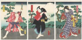 Actors Iwai Kumesaburô III as Koshimoto Okaru (R), Kawarazaki Gonjûrô I as Hayano Kanpei (C), and Bandô Muraemon I as Sagisaka Bannai (L)