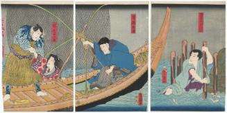 Actors Ichikawa Kodanji IV as Seishin, a Monk of Gokuraku-ji Temple (Gokuraku shoke) (R), Seki Sanjûrô III as Tsukioka Hakuren (C), Iwai Kumesaburô III as Shinzô Izayoi, and Kawarazaki Gonjûrô I as Yotsudeami no Gon (L)