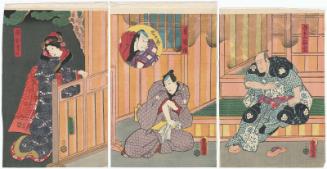 Actors Ichikawa Danjûrô VI as Gorobei Masamune (R), Kataoka Nizaemon VIII as Rai Kunitoshi, Onoe Waichi II as Dankurô (inset) (C), and Iwai Kumesaburô III as the Daughter (Musume) Oren (L)
