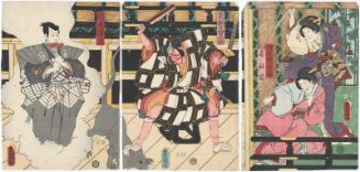 Actors Bandô Hikosaburô V as Danjô's Older Sister (Ane) Yashio, Onoe Kikugorô IV as Tsubone Masaoka (R), Kawarazaki Gonjûrô I as Arajishi Otokonosuke (C), and Bandô Hikosaburô V as Nikki Danjô (L)
 
  
