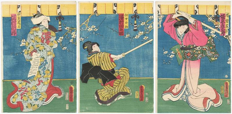 Actors Bandô Hikosaburô V as Tsubone Iwafuji (R), Sawamura Tanosuke III as Jijo Ohatsu (C), and Sawamura Tosshô II as Chûrô Onoe (L)