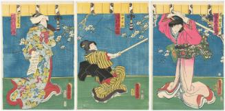 Actors Bandô Hikosaburô V as Tsubone Iwafuji (R), Sawamura Tanosuke III as Jijo Ohatsu (C), and Sawamura Tosshô II as Chûrô Onoe (L)
