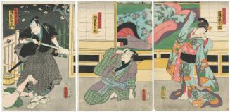 Actors Iwai Kumesaburô III as Fusano, later Ofusa (R), Bandô Hikosaburô V as Kiura Shingo, later Tokubei (C), and Kataoka Nizaemon VIII as Masaki Shôzaburô (L)