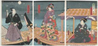 Actors Arashi Hinasuke VII as Ittô's Wife (Tsuma) Shimoyo (R), Sawamura Tanosuke III as Ittô's Daughter (Musume) Miyuki (C), and Ichikawa Ichizô III as Miyagi Asojirô (L)