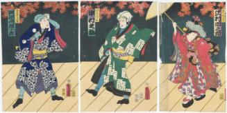 Actors Sawamura Tanosuke III as the Kamuro Tayori (R), Nakamura Shikan IV as Naniwa no Jirosaku (C), and Kawarazaki Gonjûrô I as Azuma no Yoshirô (L)